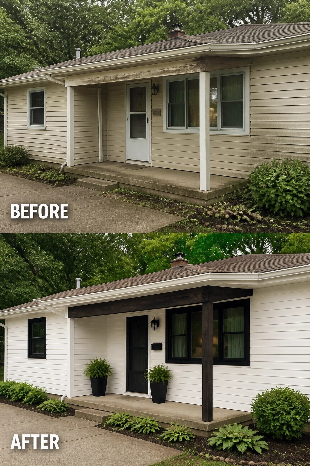 Before-and-after image of a plain front porch updated with clean white siding, dark trim and beams, a black door, and matching planters.