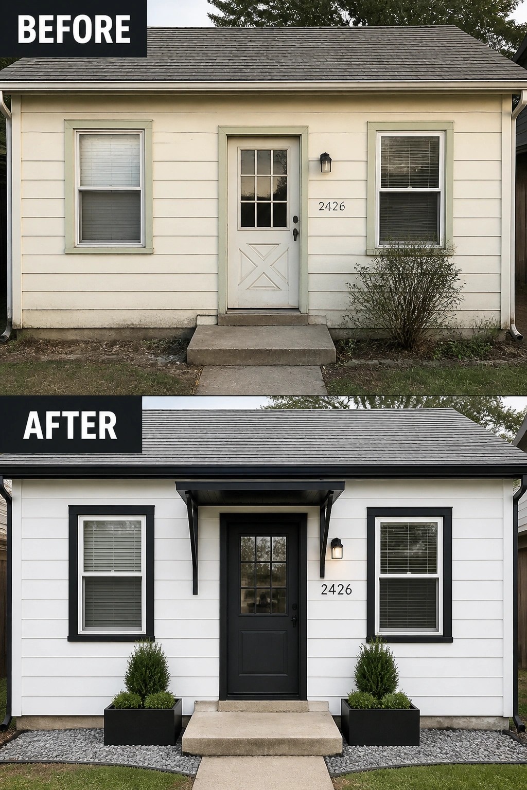 Before-and-after small white cottage: faded pale-green trim updated to modern black trim and door