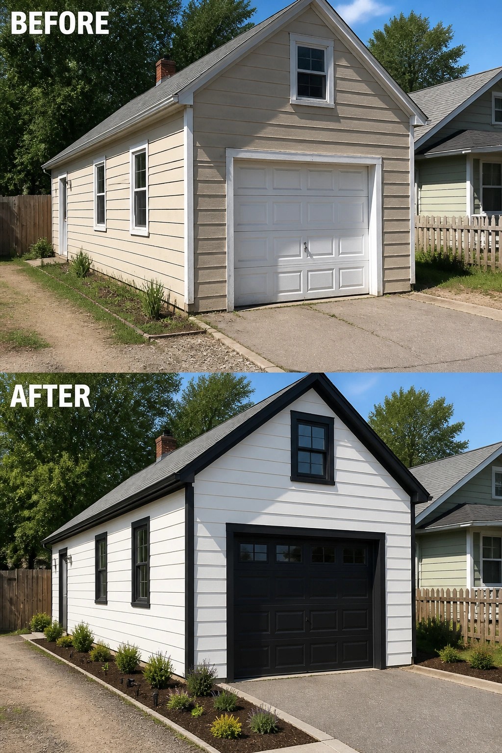 Before-and-after image of a small garage updated from beige siding with white trim to white siding with black trim and a black garage door.