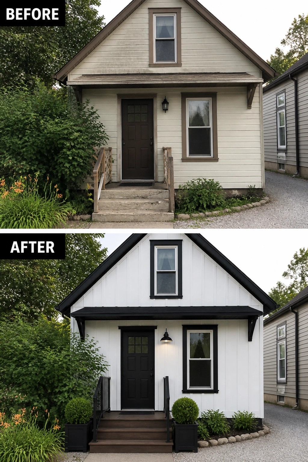 Before-and-after image of a small house front updated from aged beige siding to clean white vertical siding with black trim, a black front door, and simple black porch details.
