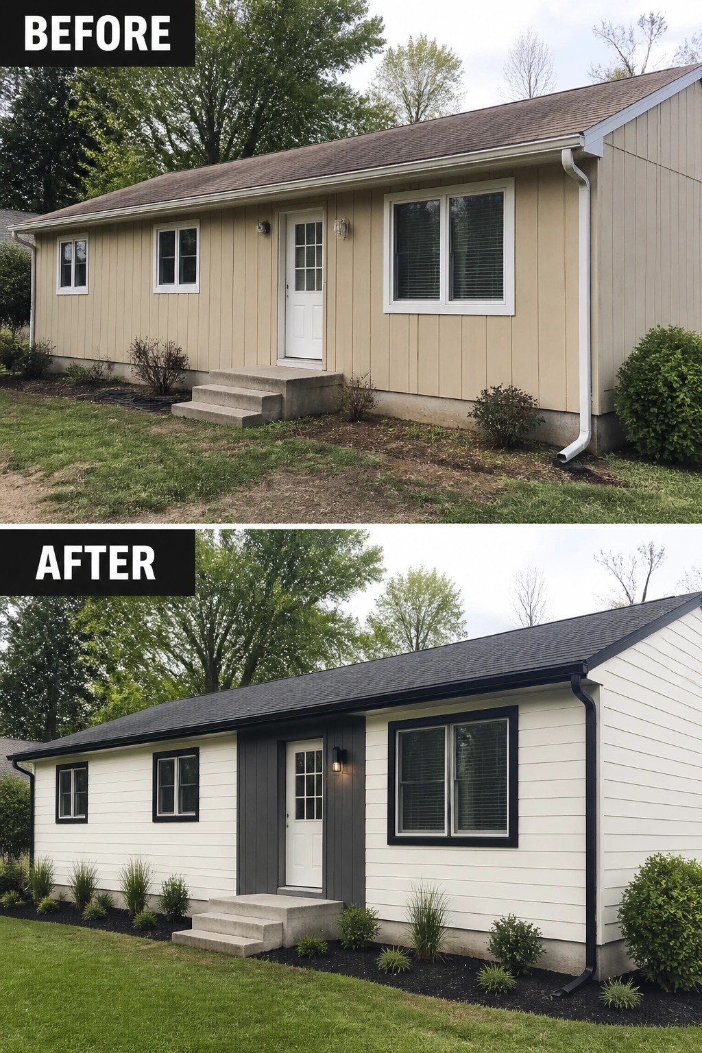 Before-and-after image of a small house where beige vertical siding is updated to white siding with dark window and door trim and new low plantings.