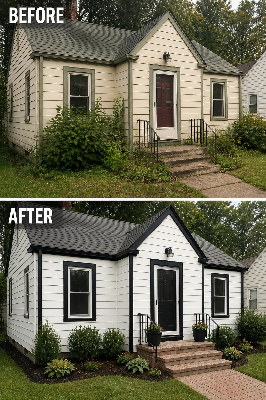 Before-and-after image of a small house showing tired beige siding and overgrown entrance updated to clean white siding with black trim, new brick steps, and tidy planted borders.