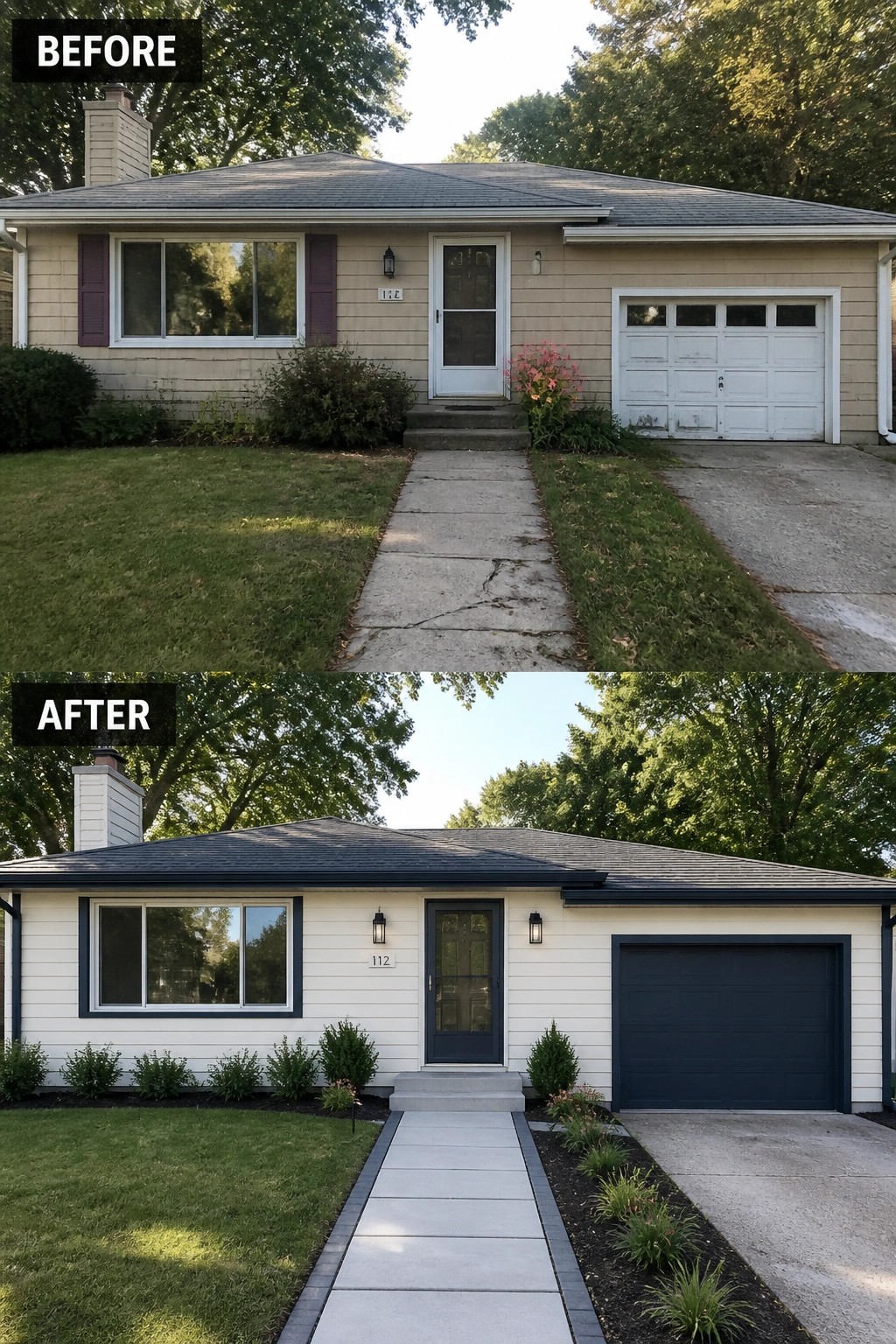 Before-and-after image of a small house exterior where worn beige siding is replaced with clean