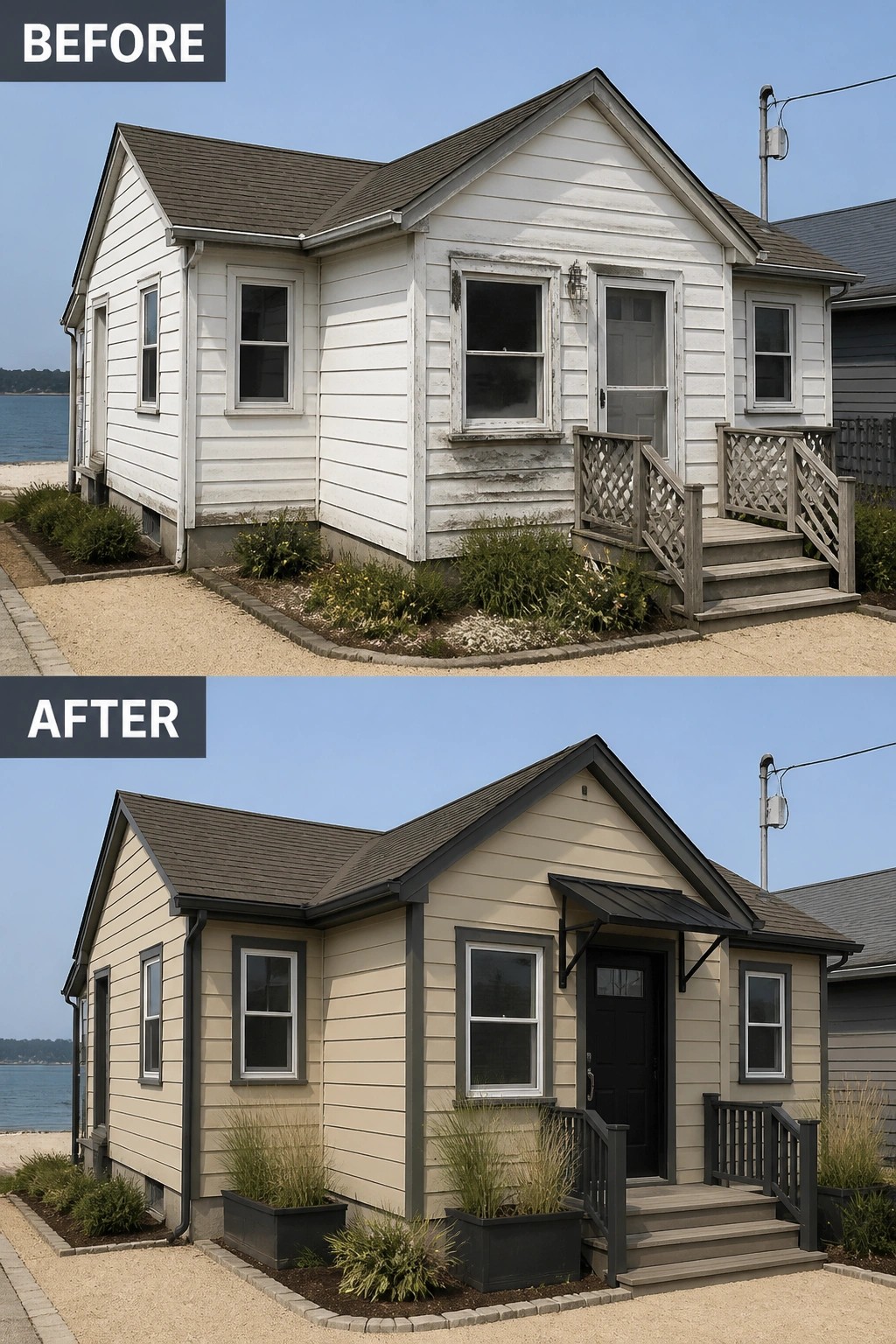 Before-and-after image of a small house updated from peeling white siding to light beige siding with dark trim, a new dark front door and awning, and planters at the steps.