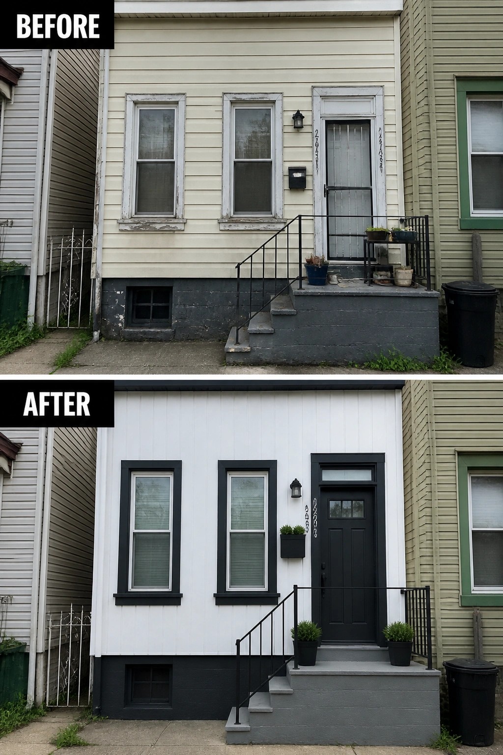 Before-and-after image of a small house front where worn pale siding and chipped trim are updated to clean white siding with dark gray trim and a matching dark front door.