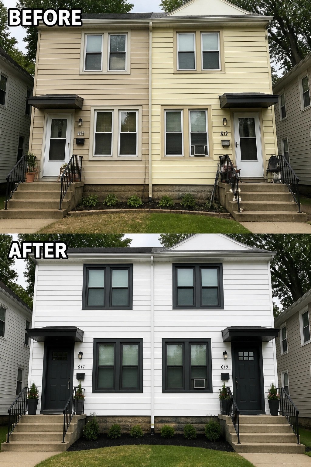 Before-and-after image of a small duplex exterior updated from yellowed siding to white siding with dark gray trim and matching dark doors.