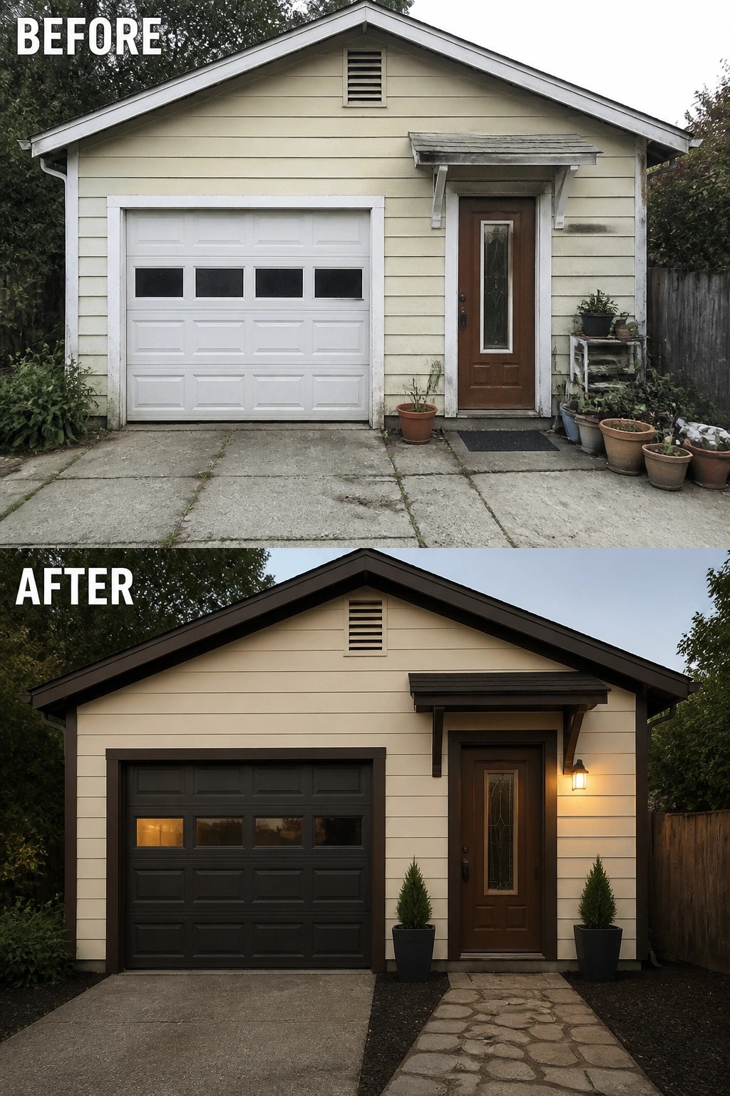 Before-and-after image of a small house facade updated from dingy pale siding and white trim to clean light siding with dark trim, a dark garage door, new porch light, and paired planters.