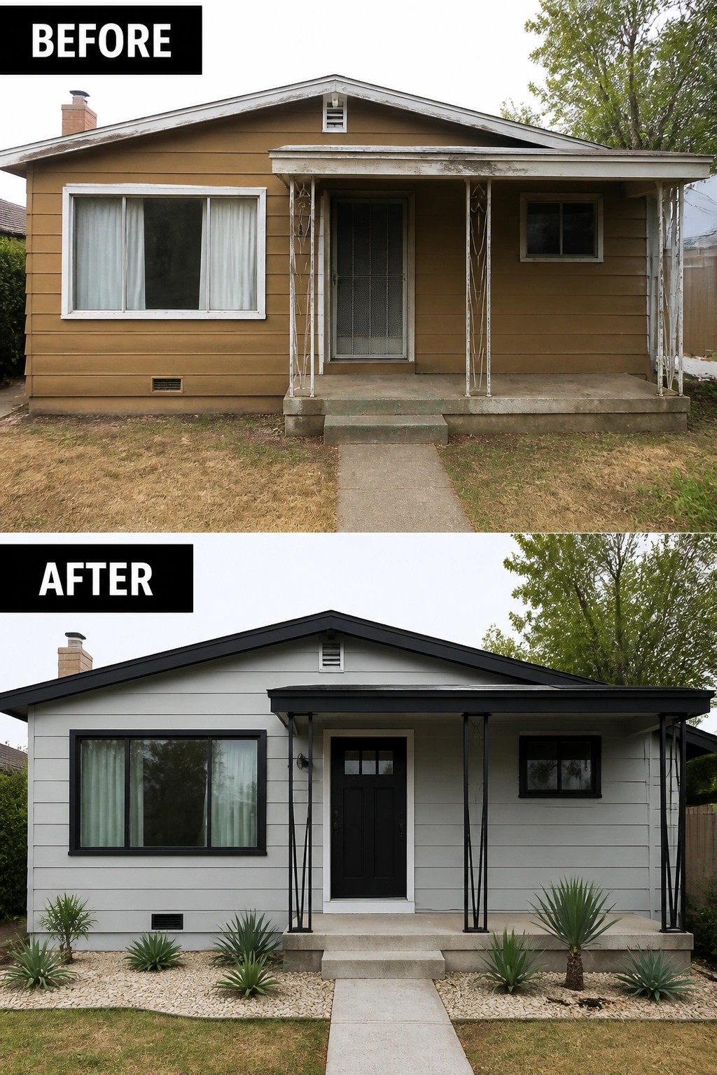 Before-and-after image of a small house updated from brown siding to light gray siding with black trim, a black front door, and simple gravel planting beds.