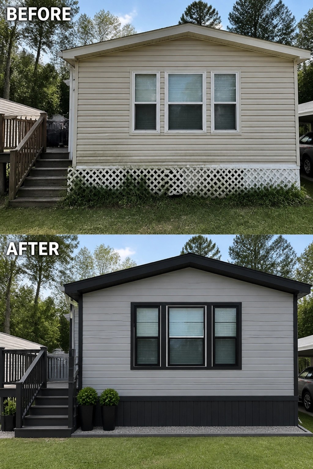 Before-and-after image of a small house exterior updated from beige siding and white lattice to light gray siding with dark trim, new skirting, and planters.