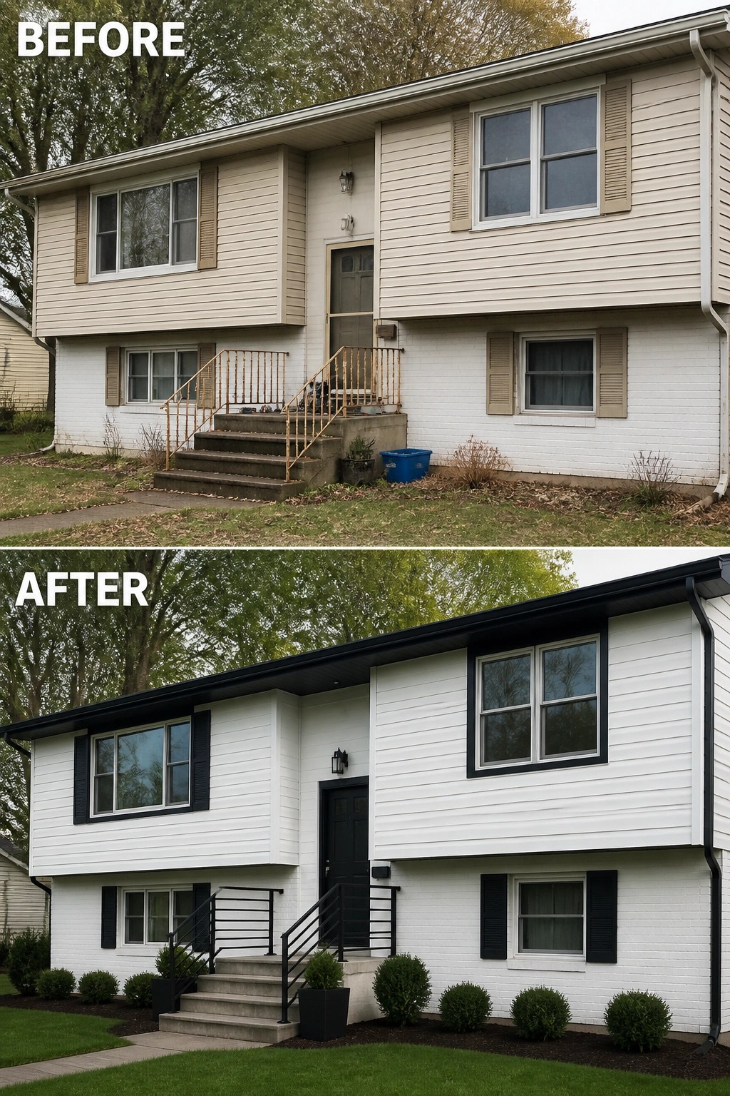 Before-and-after image of a split-level house updated from beige siding and thin metal railings to clean white siding with black trim, door, shutters, and modern black railings.