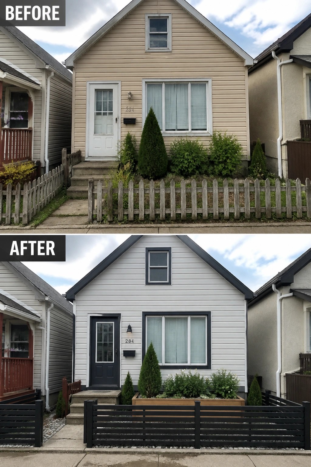 Before-and-after image of a small front house where dull beige siding and overgrown shrubs are replaced by clean white siding with dark trim, a dark front door, and a modern low fence and planter.