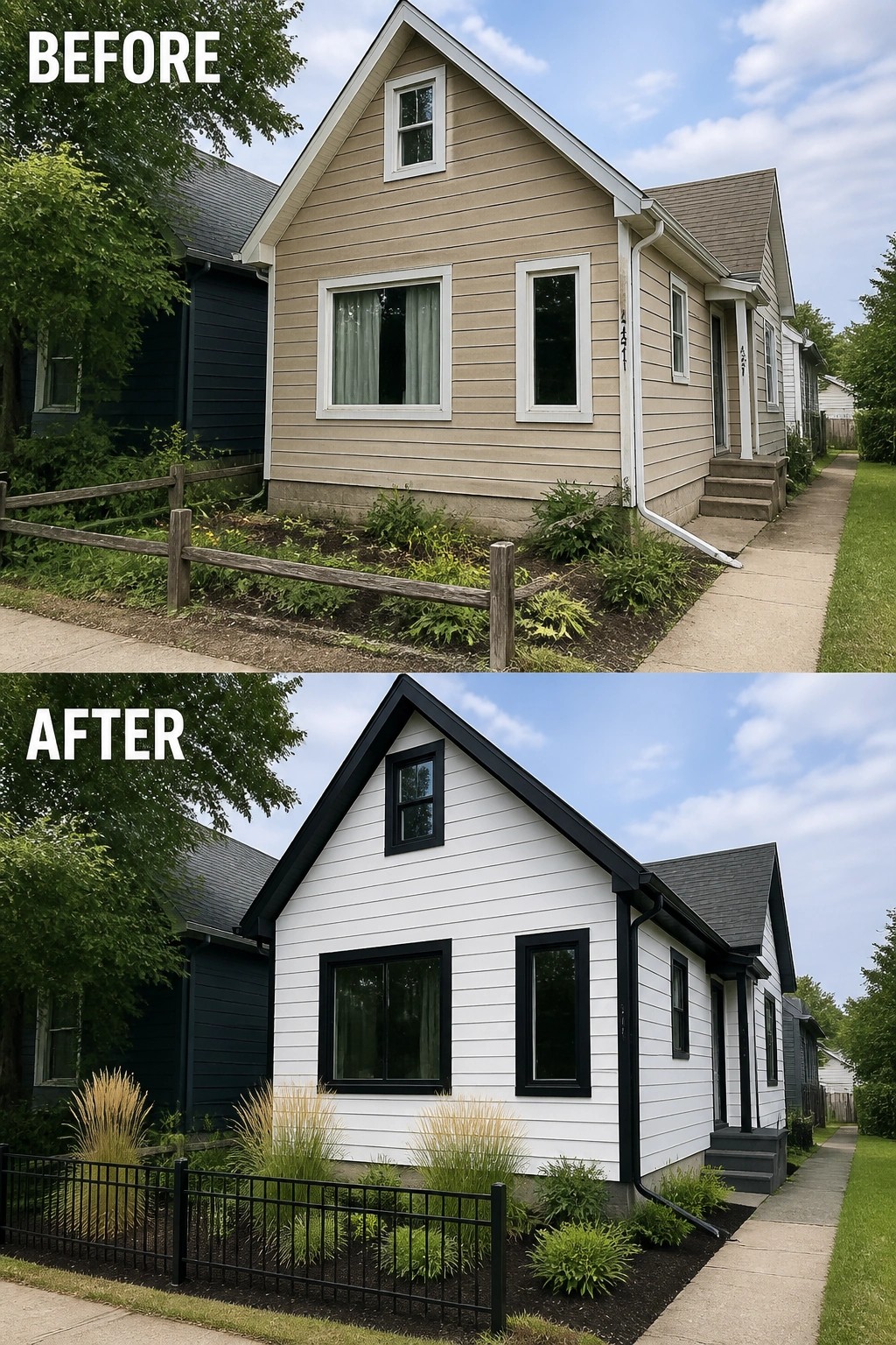 Before-and-after image of a small house changed from beige siding to white siding with black trim and tidier front beds and a low black fence.