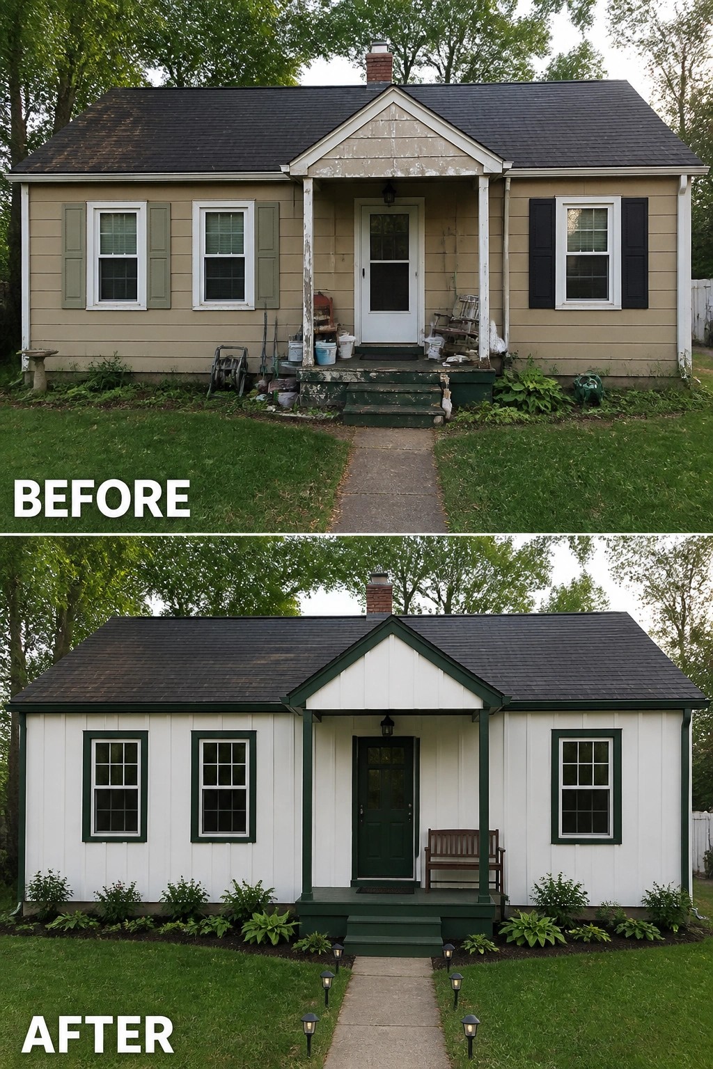 Before-and-after image of a small house updated from beige siding to white board-and-batten with dark green trim and a refreshed entry and planting.