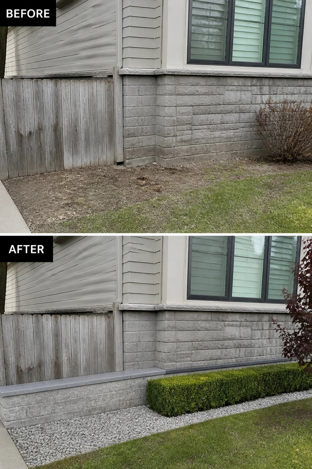 Before-and-after image showing a bare strip of soil at a home's foundation converted into a narrow gravel bed with a low stone cap and a clipped hedge.