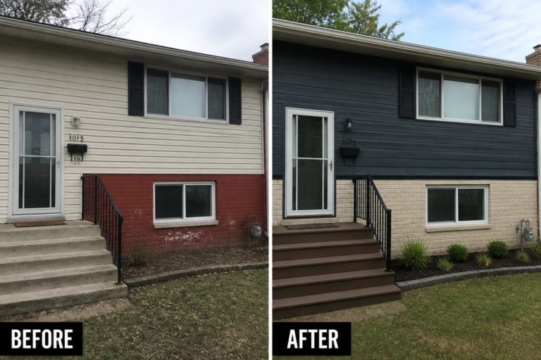 Split before-and-after house facade: beige siding/red brick replaced by dark gray siding and pale brick.