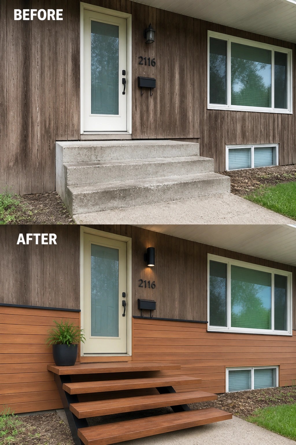 Before-and-after makeover image of a house entry where rough concrete steps and vertical siding are replaced with floating wooden treads and new horizontal siding on the lower facade.