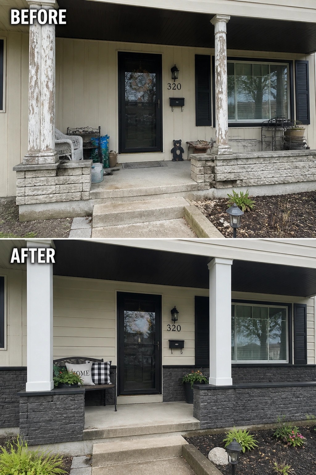 Before-and-after image of a front porch updated from peeling columns and plain block knee walls to wrapped white posts, dark stone cladding, and a small bench with planters.
