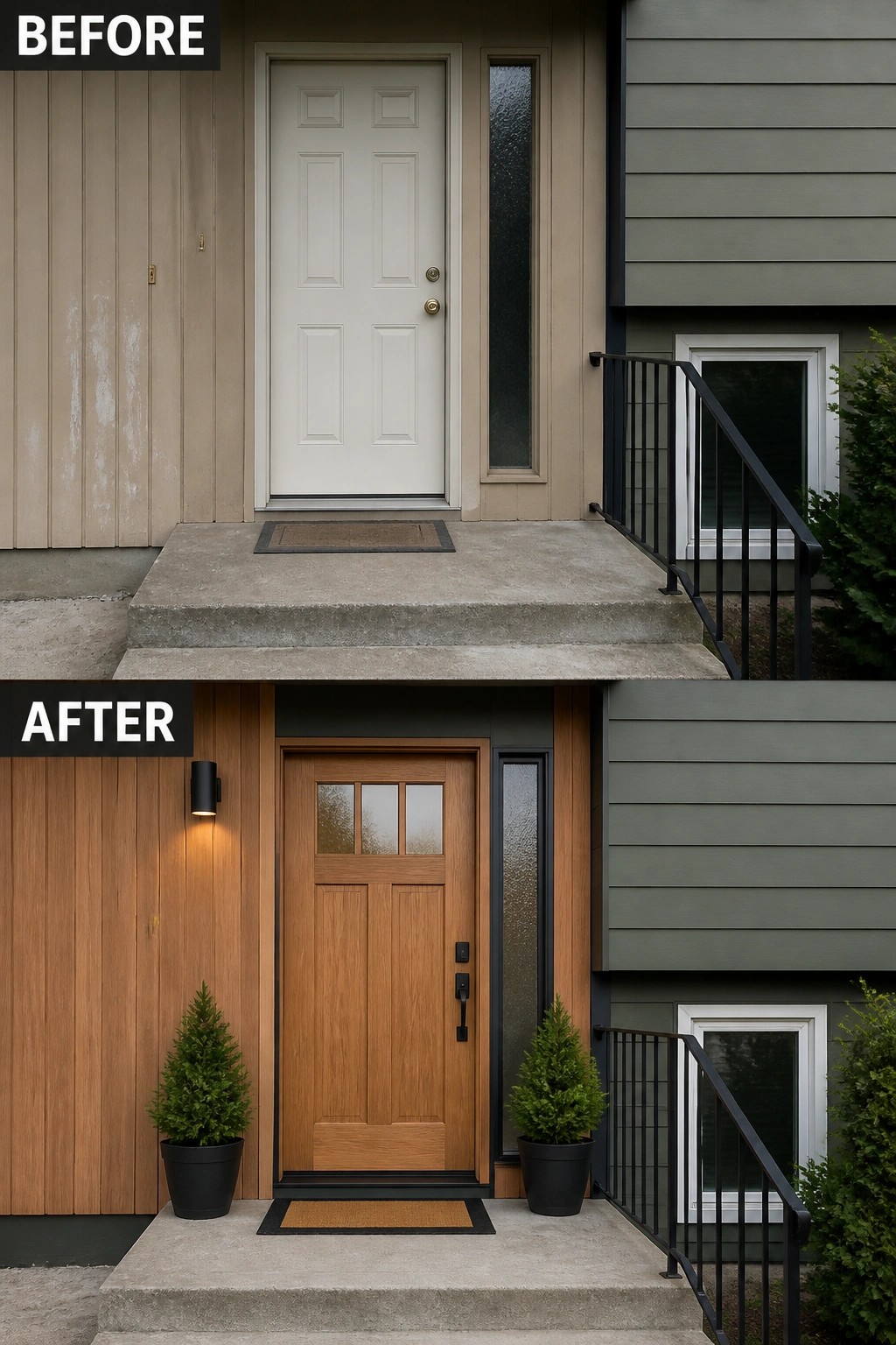 Before-and-after image of a split-level front entry showing a plain white door and bare siding updated with a wood-paneled door, vertical wood cladding, new exterior light, and potted plants.