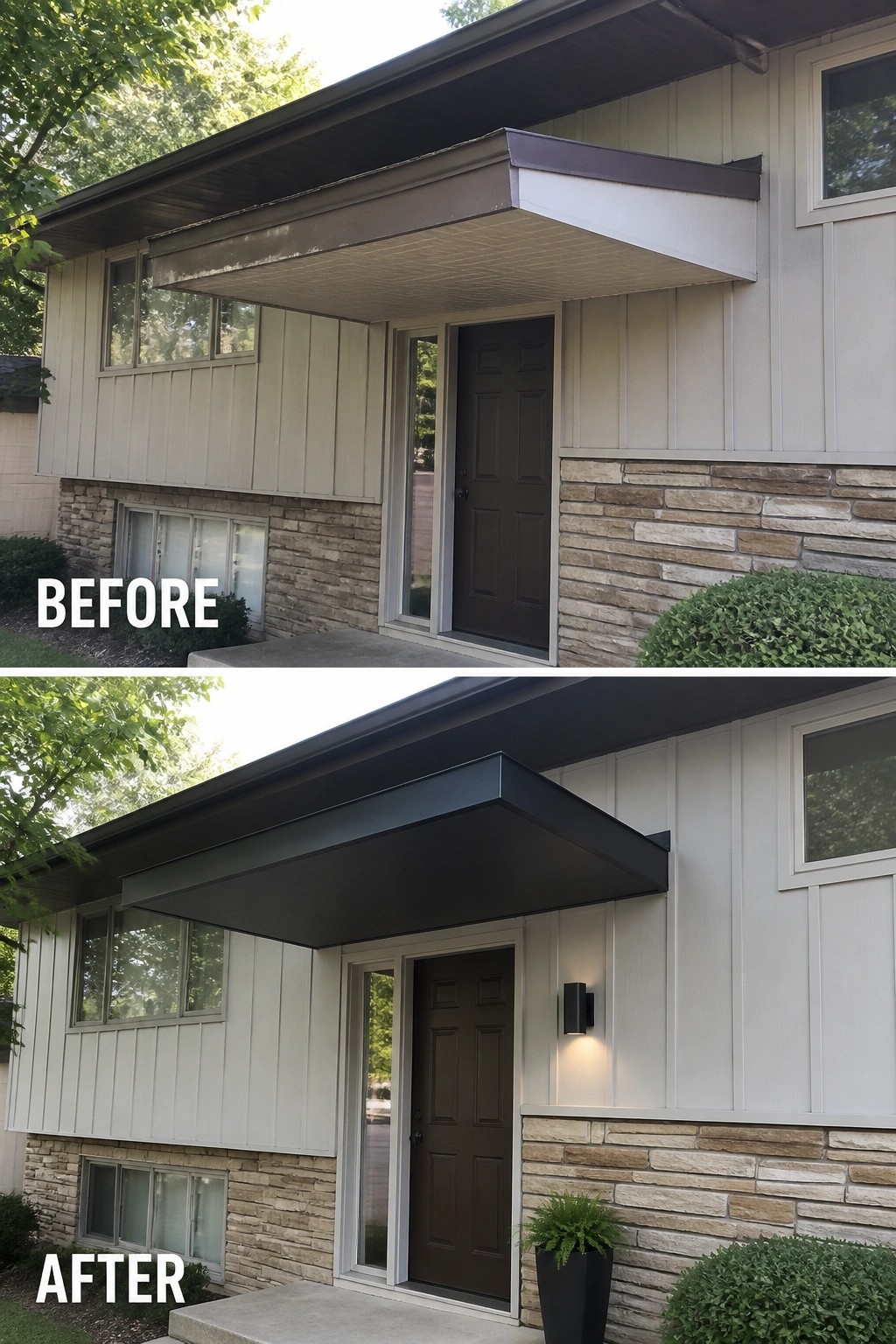 Before-and-after image of a plain split-level front entry updated with a slim metal canopy, a wall light, and a potted plant.