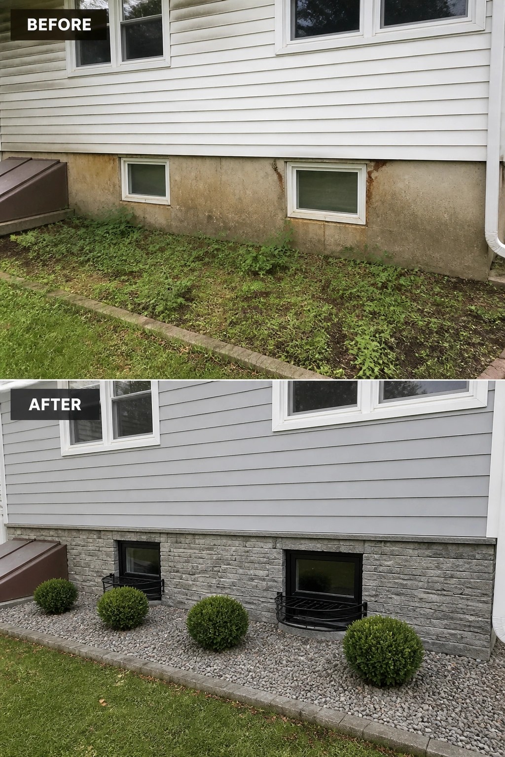 Before-and-after image of a house foundation showing plain concrete and an overgrown bed