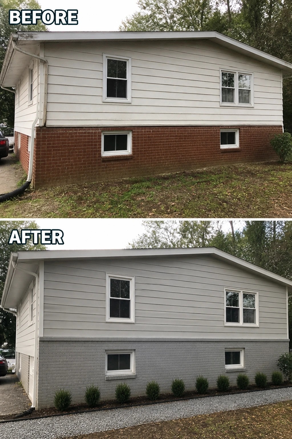 Before-and-after image of a split-level house where the lower red brick foundation is painted gray to better match the siding and a gravel planting bed with small shrubs is added.