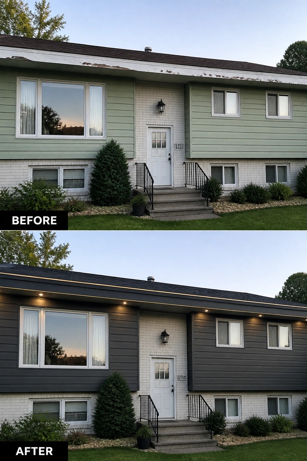 Before-and-after image of a split-level house showing pale green siding and peeling fascia updated to dark gray siding with new soffit and recessed lighting.