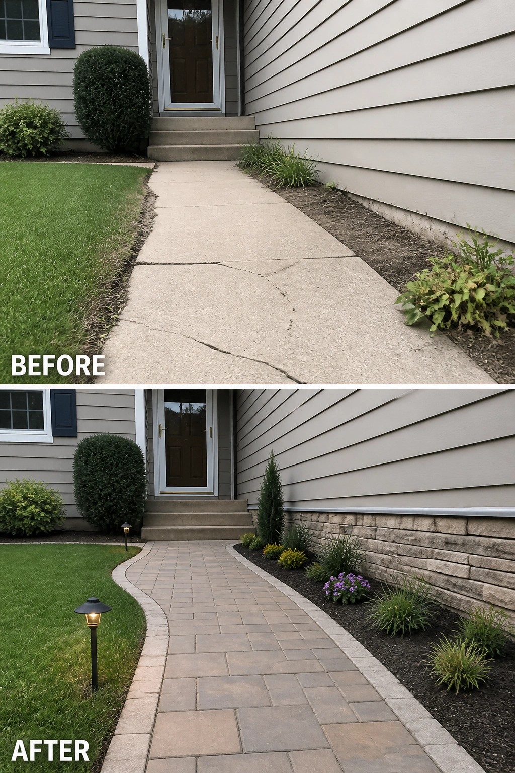 Before-and-after image of a cracked concrete walkway replaced by a curved paver path with stone edging and a planted mulch border.
