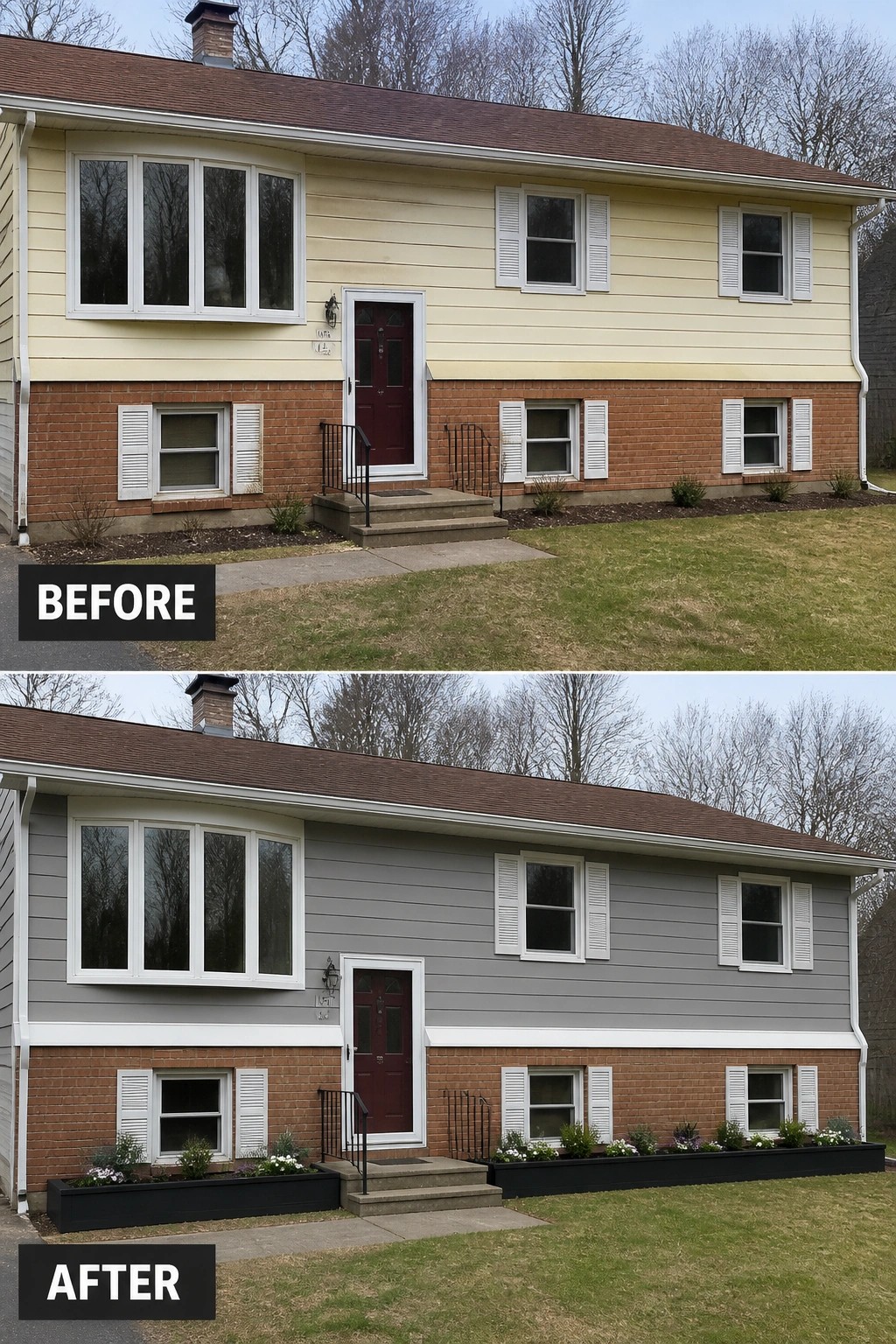 Before-and-after image of a split-level house where the upper siding is repainted from yellow to gray and a white horizontal trim band is added to separate the siding from the brick.