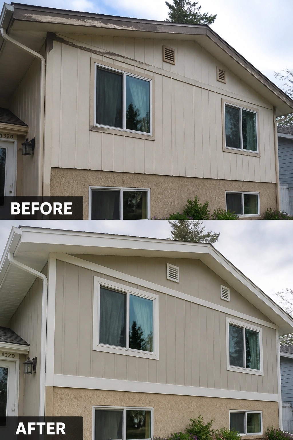 Before-and-after image of a split-level house where a new white trim band and fresh paint create a cleaner separation between the upper vertical siding and lower stucco.