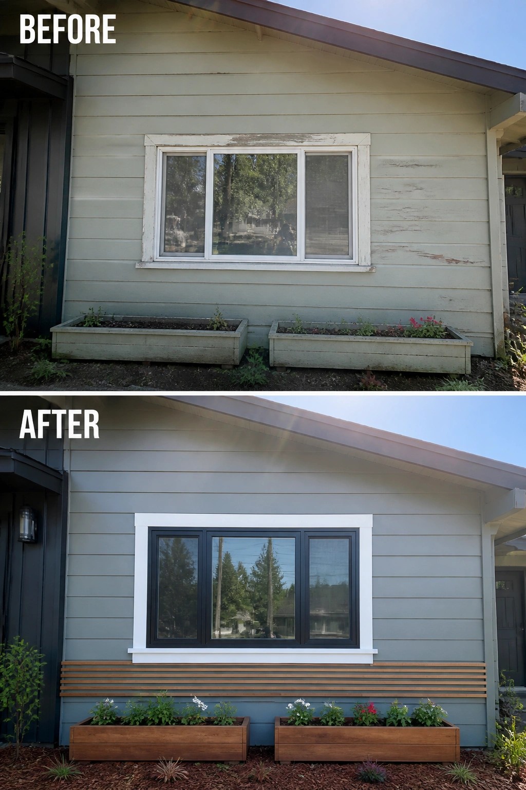 Before-and-after image showing a house exterior where worn window trim and planters are replaced with clean white trim, dark window frames, a horizontal wood slat band, and new wooden planter boxes.