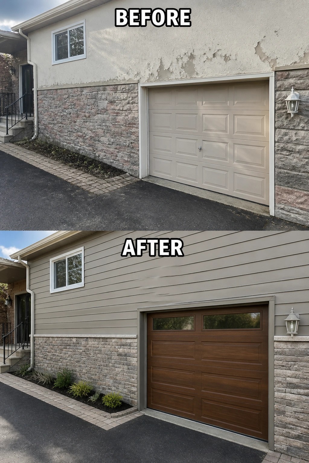Before-and-after image of a split-level exterior where peeling stucco was replaced with horizontal siding and a new wood-look garage door to create a cleaner material transition.