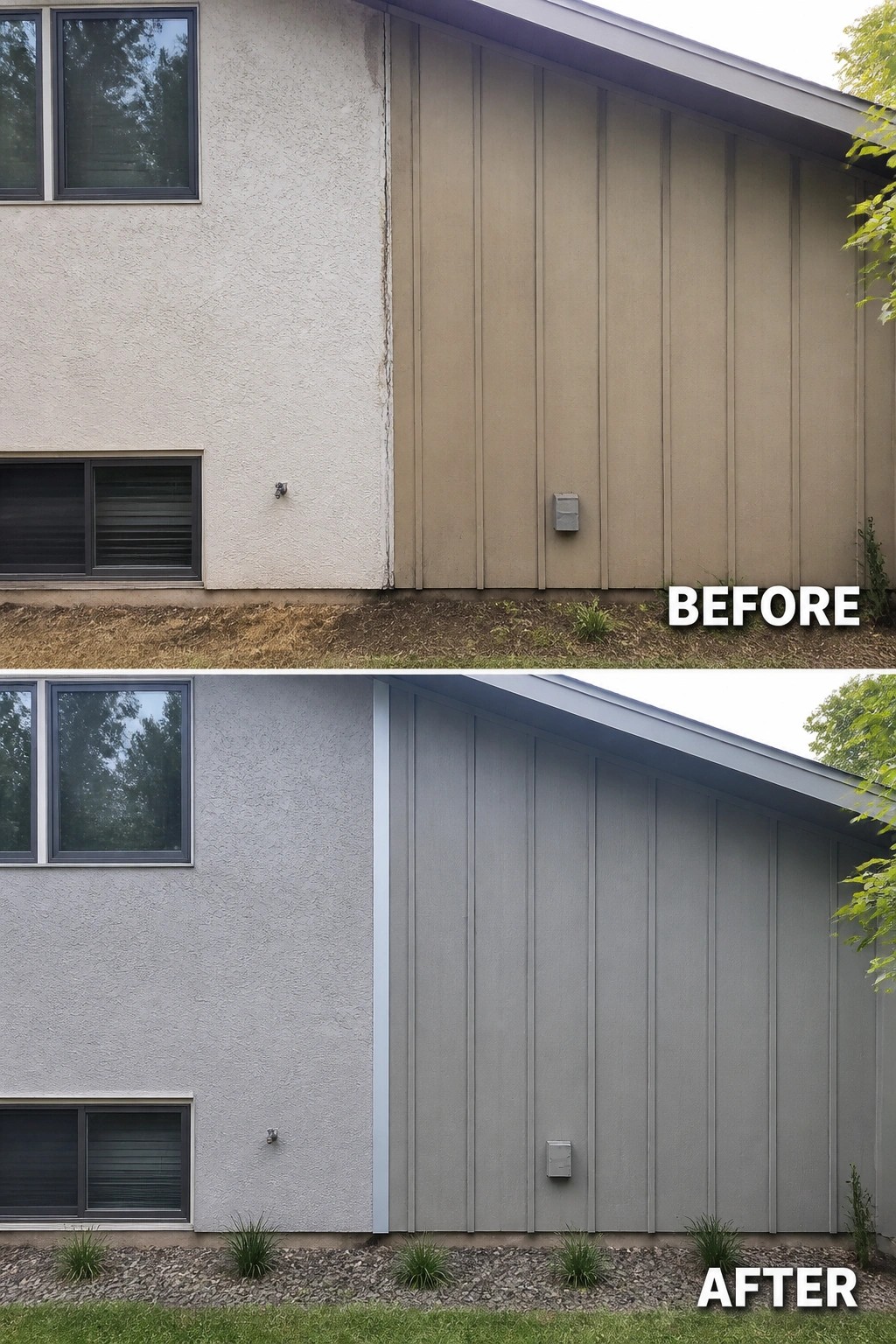 Before-and-after image of a house exterior where mismatched beige siding and stucco are repainted a uniform gray and separated by a narrow vertical trim, with a neater planted and gravel bed at the base.