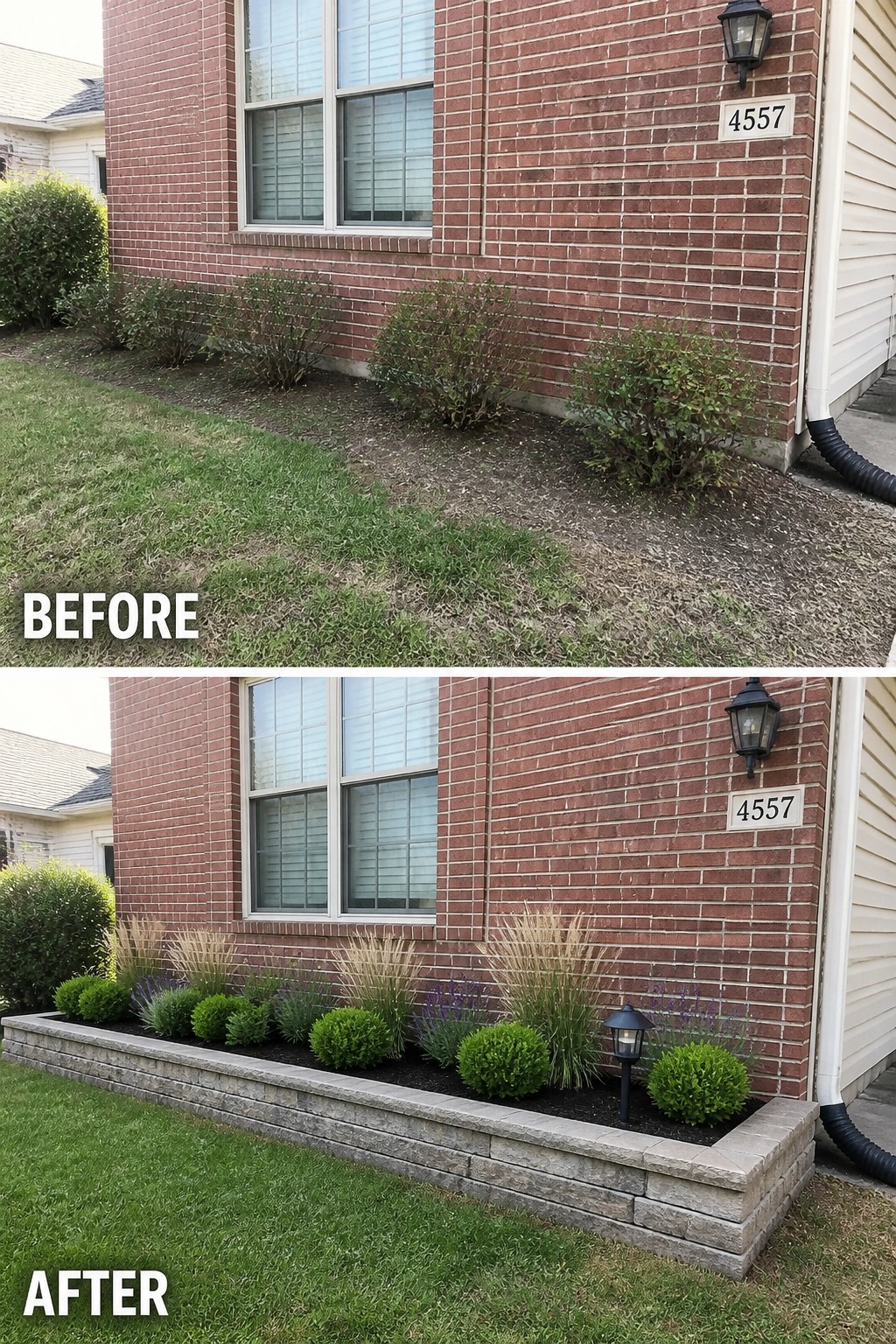 Before-and-after image of a plain planting strip in front of a brick house updated with a low stone raised bed, repeated shrubs and ornamental grasses, and a small landscape light.