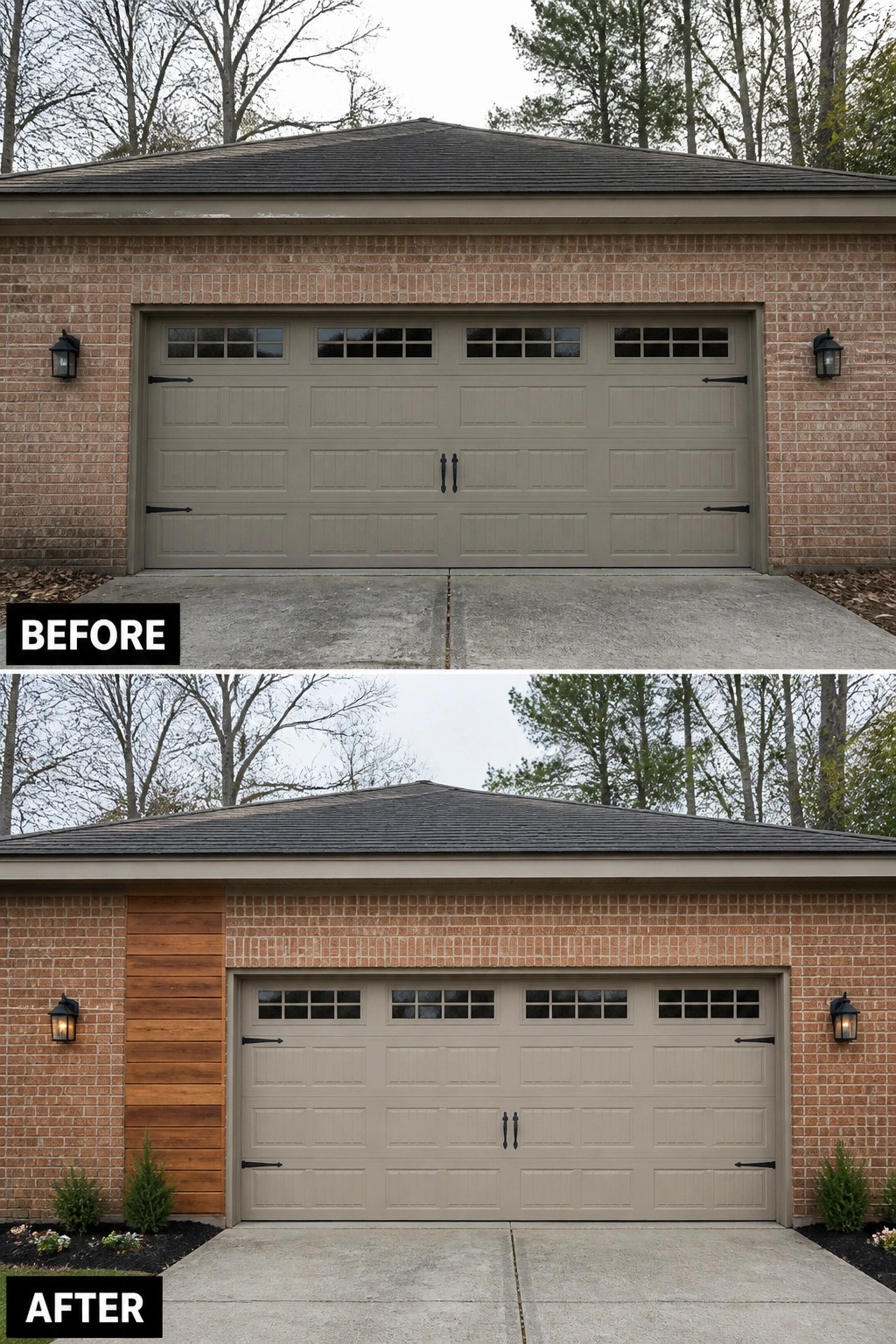 Before and after garage facade: beige sectional door on brick wall, cedar panel, lanterns, shrubs