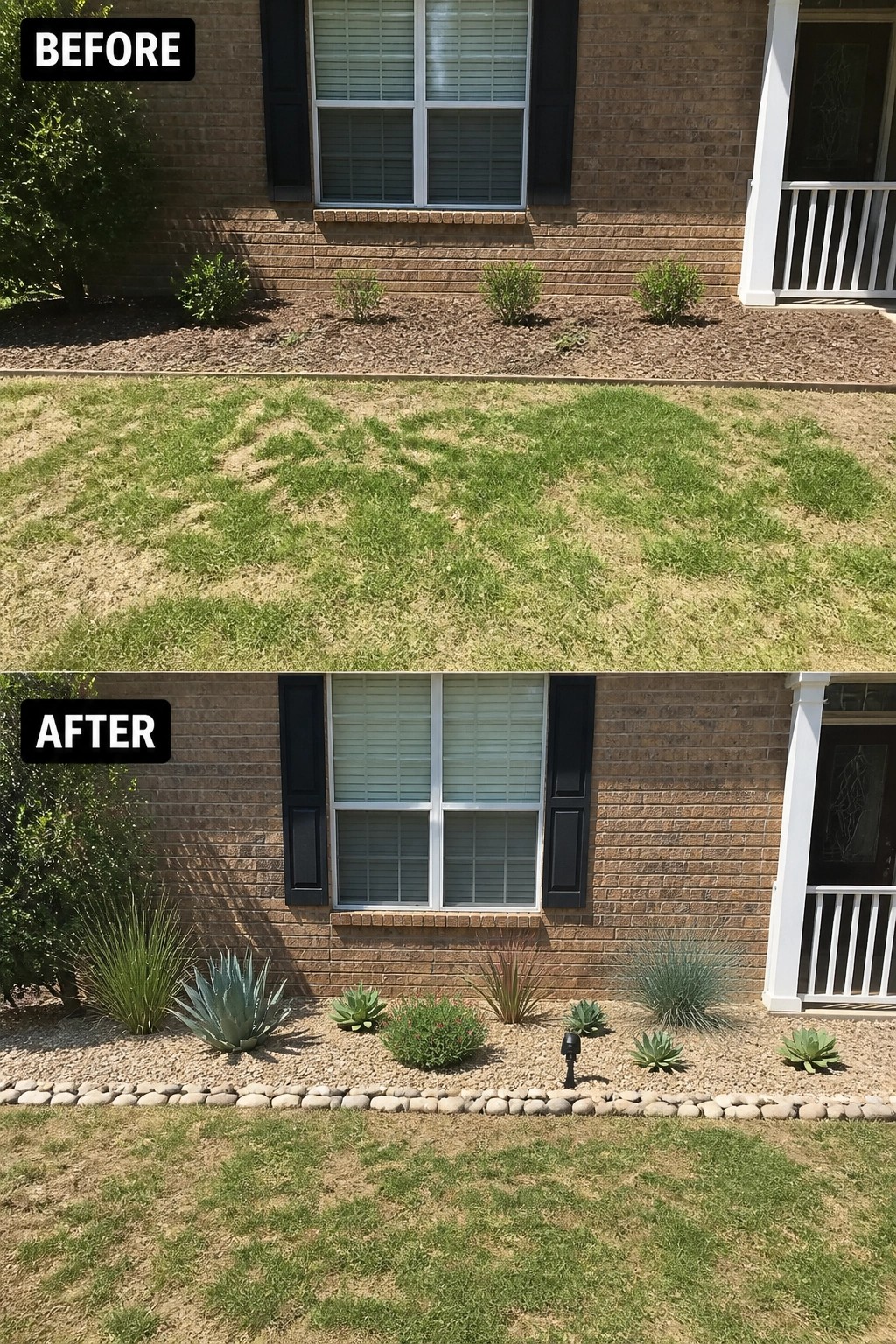 Before-and-after image of a bare brick front bed and patchy lawn replaced with a tidy gravel bed edged by river rock and planted with agaves, succulents, grasses, and a small ground light.