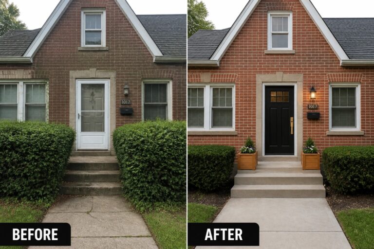 21 Practical Brick House Makeovers That Preserve Original Brick Character Before-and-after image of a brick house front where a worn storm door and overgrown shrubs were replaced by a painted black entry door, new porch light, and matching planters.