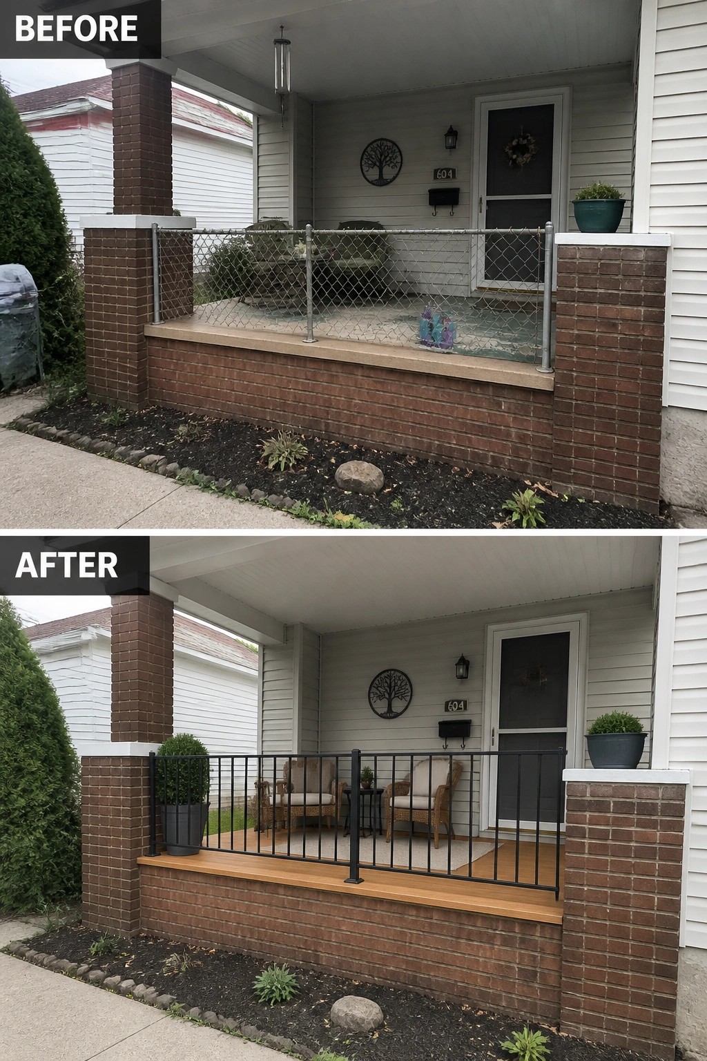 Before-and-after image of a small front porch updated from bare concrete with a chain-link guard to a finished porch with wood decking, a black metal railing, and seating.
