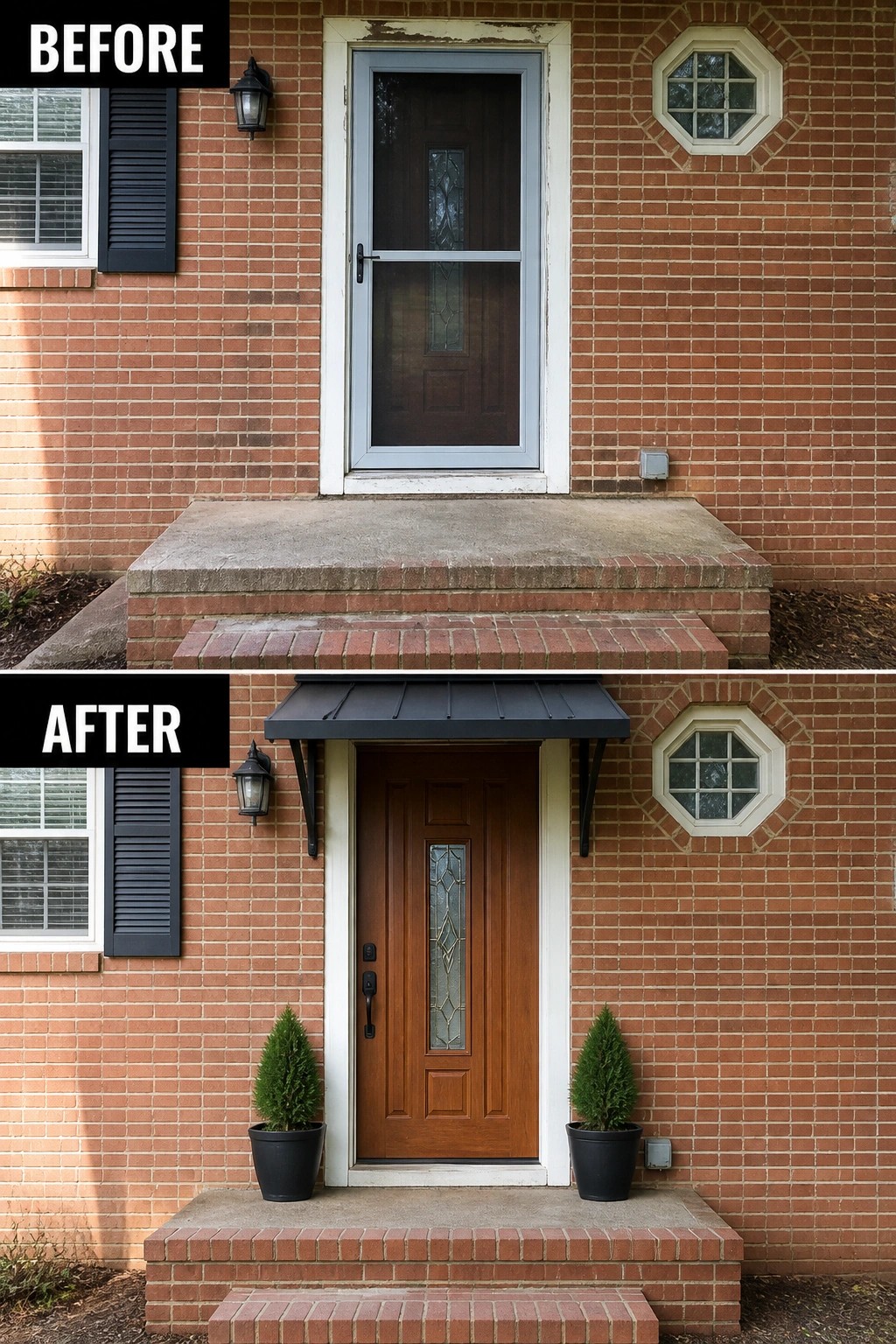 Before-and-after image of a front porch where a plain stoop and screen door are replaced by a wooden front door with glass, a small metal awning, a wall lantern, and two potted evergreens.