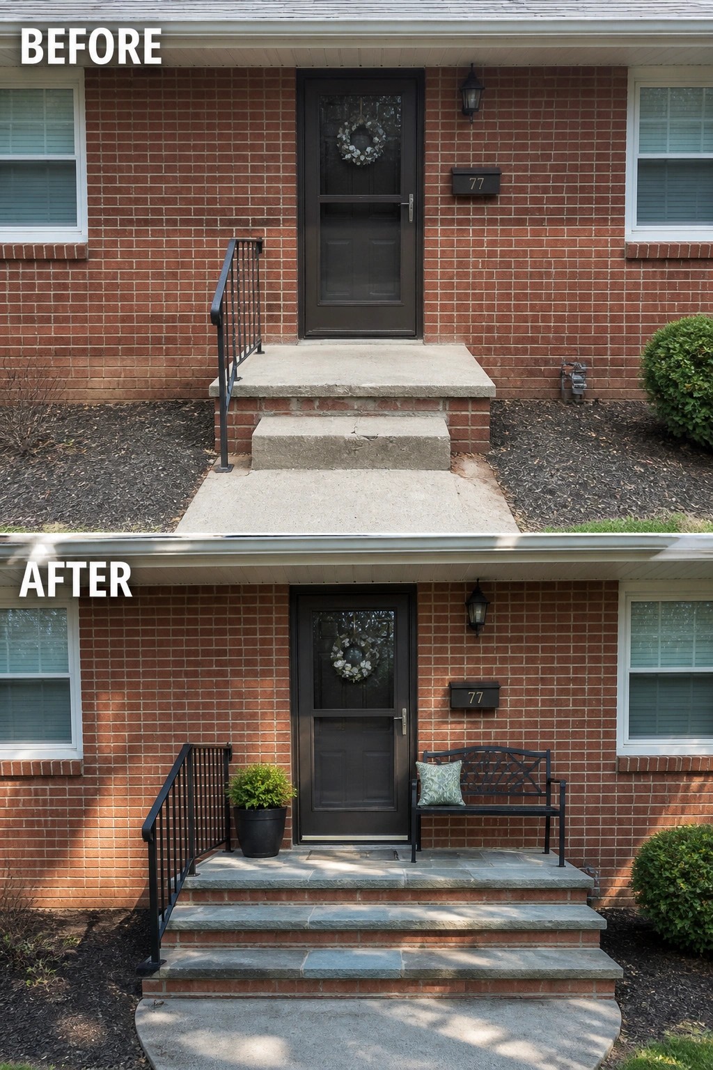 Before-and-after image of a plain concrete front porch updated with stone steps, a metal bench, and a potted planter.