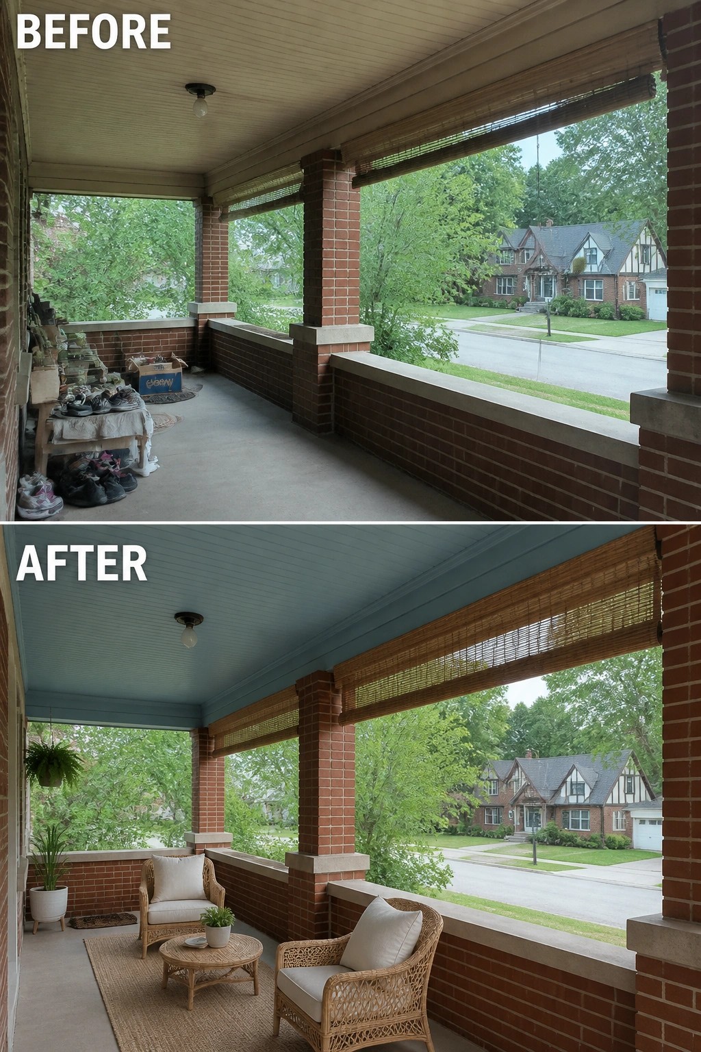 Before-and-after image of a bare brick front porch updated into a furnished seating area with wicker chairs, a small table, a natural rug, potted plants, and a painted ceiling.