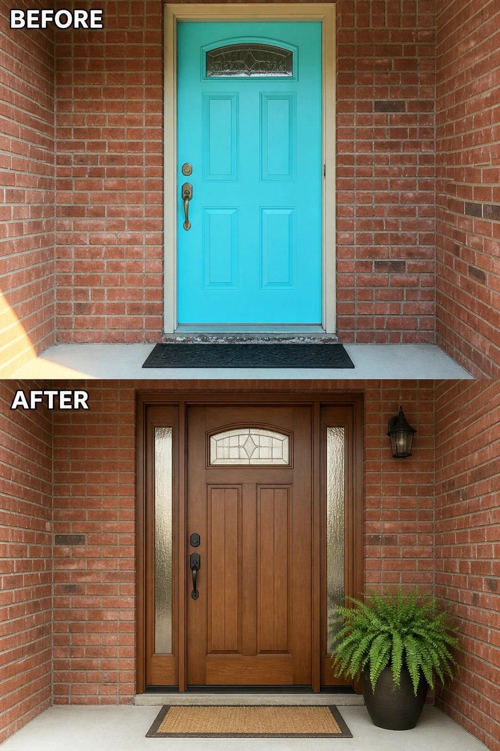 Before-and-after image of a brick front porch where a plain painted door is replaced with a wood-look door with sidelights, updated hardware, a wall lantern, and a planter.