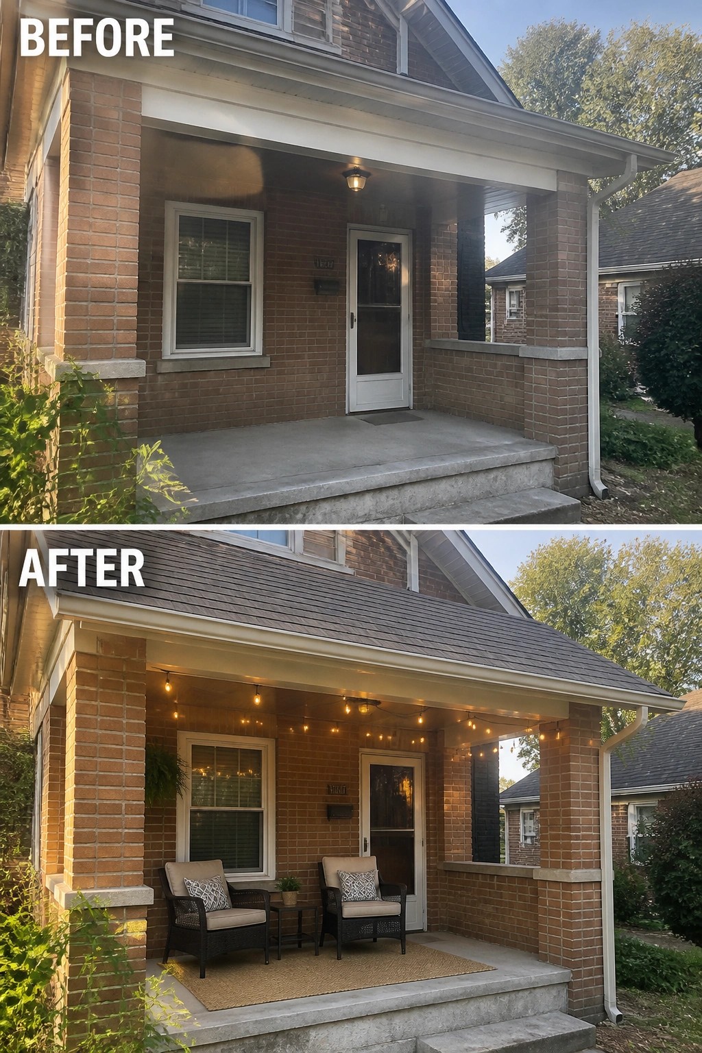 Before-and-after image of a bare front porch updated with outdoor seating, a rug, and string lights.