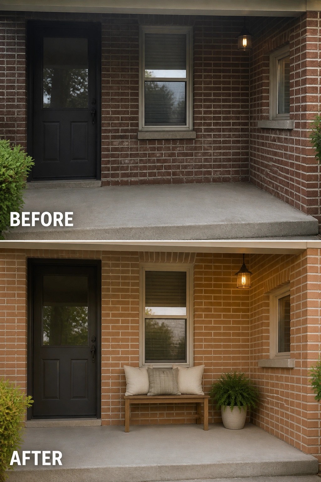Before-and-after image of a bare front porch updated with a simple bench, cushions, a potted plant, and a hanging light.