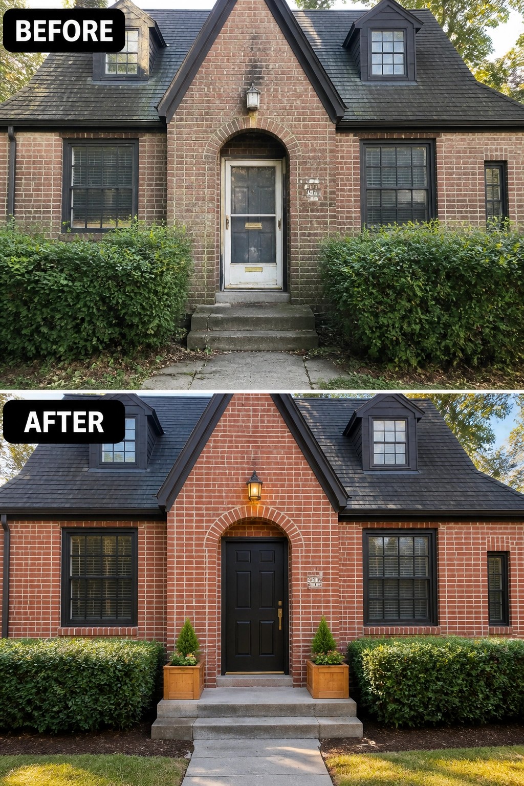 Before-and-after image of a brick house front where a worn storm door and overgrown shrubs were replaced by a painted black entry door, new porch light, and matching planters.