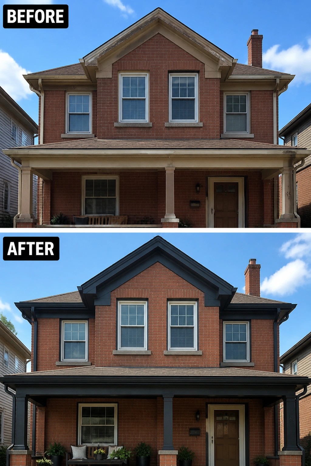 Before-and-after image of a brick house exterior with pale beige trim and plain porch updated to dark charcoal trim and a styled porch with seating and planters.