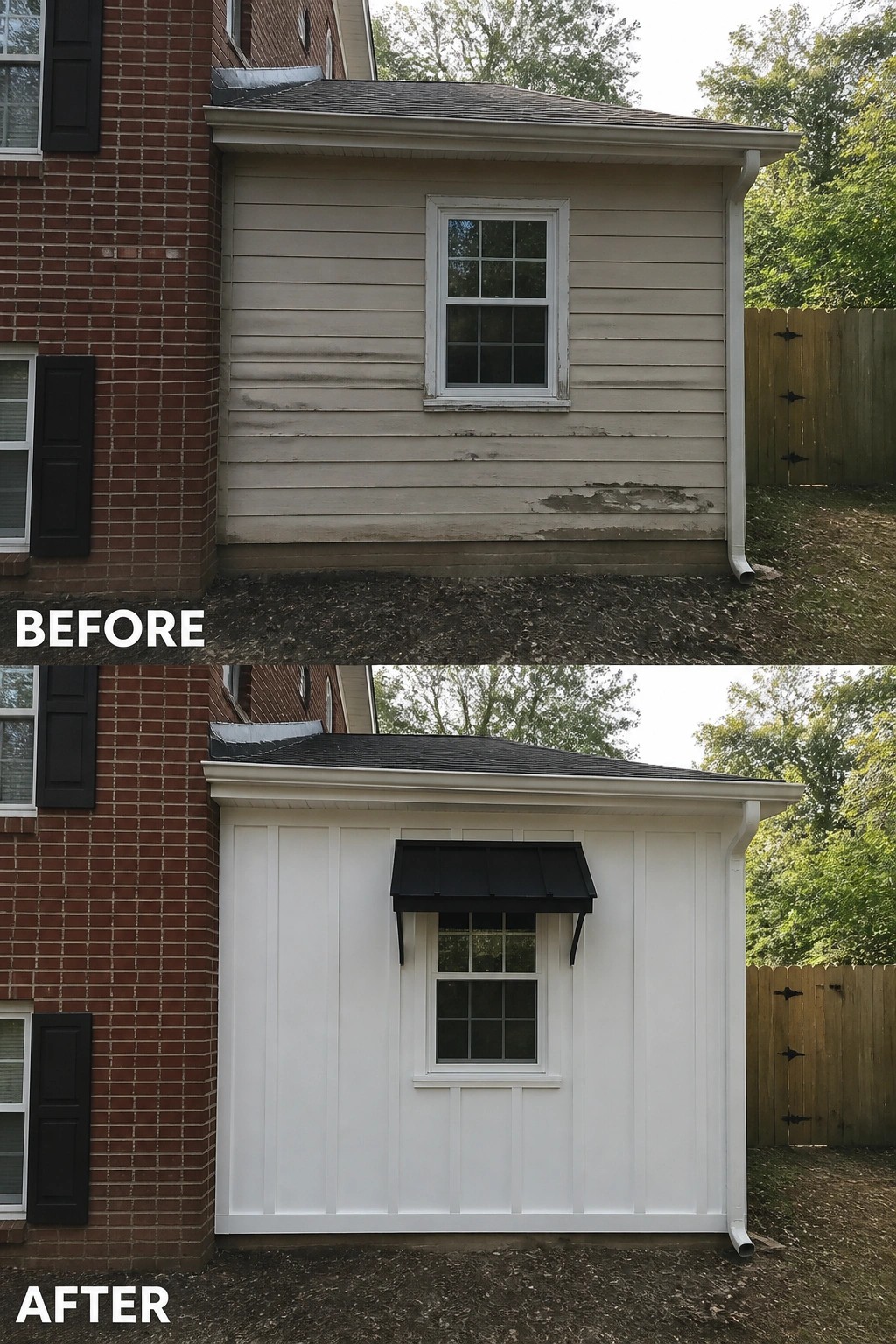 Before-and-after image of a brick house addition showing worn horizontal siding replaced with white board-and-batten siding, fresh window trim, and a small black awning.