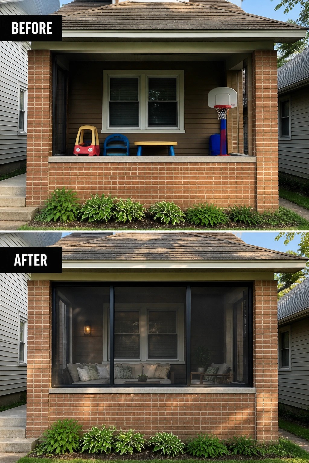 Before-and-after image of a small brick porch turned from an open play area into a screened-in seating area with dark-framed screens and outdoor furniture.