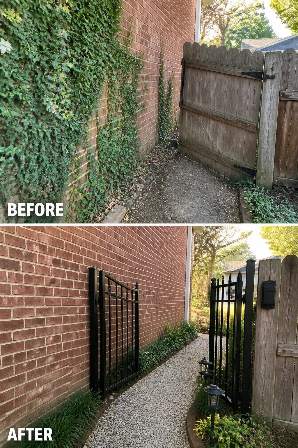 Before-and-after image of a narrow side yard where climbing ivy and a bare dirt path were replaced with a gravel walkway, low border plants, and a decorative metal gate.