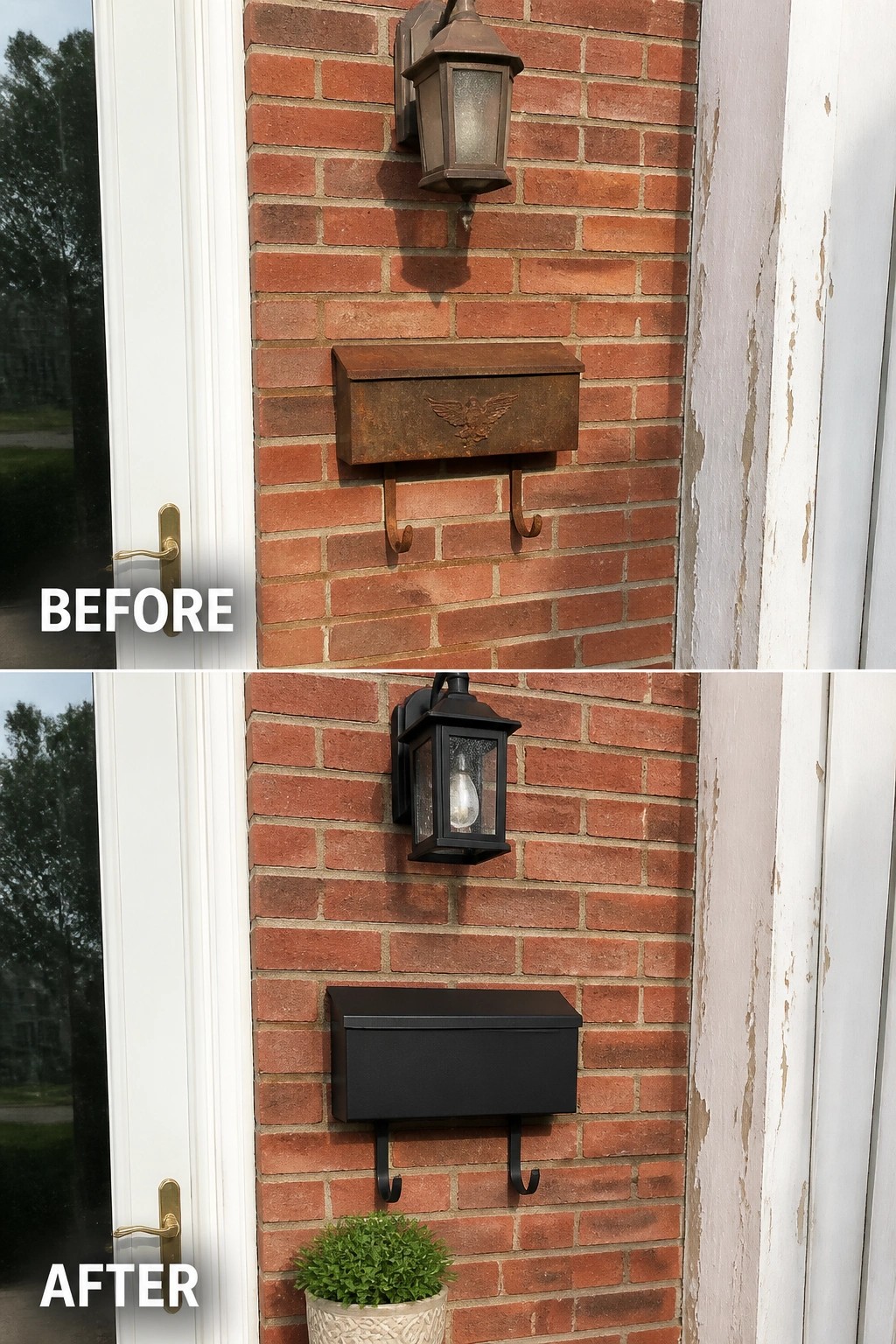 Before-and-after image of a brick house entry where a rusty mailbox and light were replaced with matching black fixtures and a small planter added.