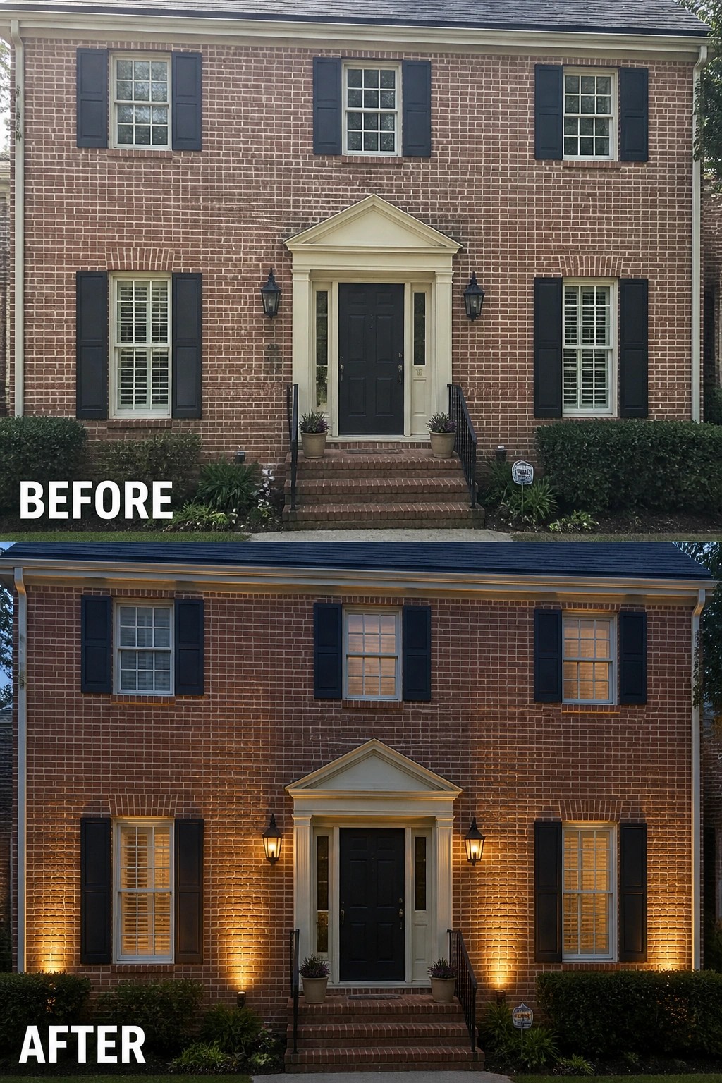 Before-and-after image of a brick house front showing added wall lanterns and warm ground uplighting that illuminate the brick facade at night.